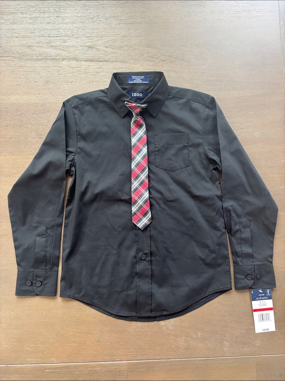 IZOD Boy's Black Dress Shirt with Red Plaid Tie